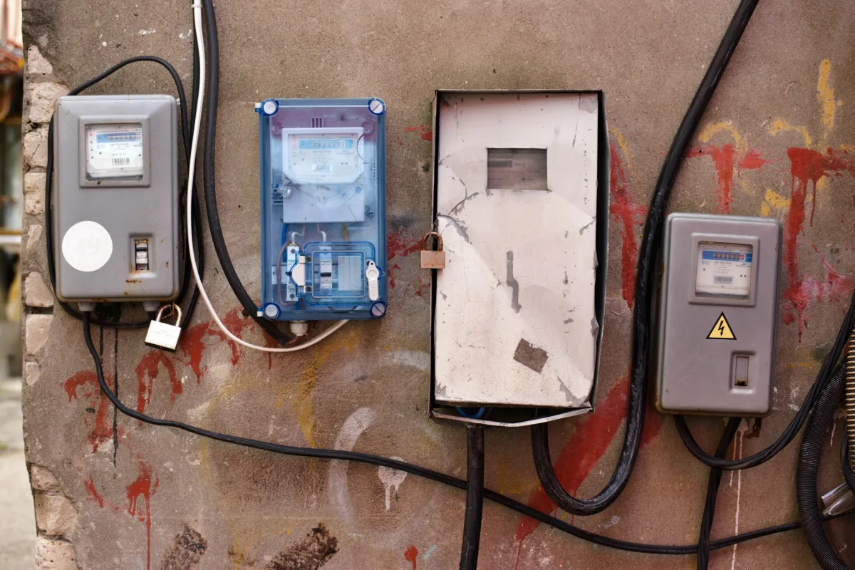 meters attached to a graffiti-covered wall showcasing utility infrastructure. meters attached to a graffiti-covered wall showcasing utility infrastructure.
